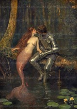 Listing image for Medieval Knight and Mermaid Romantic Fantasy Wall Art Print Arthurian Love AE04