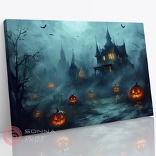 Listing image for Halloween Spooky Haunted House Scary Pumpkin Canvas Wall Art Decor Framed Print