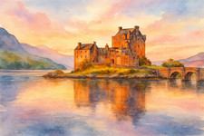 Listing image for Castle by the Loch Scottish Sunrise Highlands Poster Print Framed Canvas Art