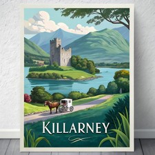 Listing image for Captivating Killarney Irish Travel Poster - Lakeside Castle and Pub Art Print mo