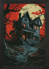 Listing image for Haunted House Under a Red Moon Framed Wall Art Poster Canvas Print Picture