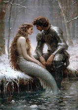 Listing image for Mermaid and Knight Romantic Fantasy Winter Love Arthurian Wall Art Print AE16