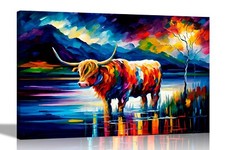 Listing image for Highland Cow in River Abstract Canvas Wall Art Pictures Colourful Prints Posters